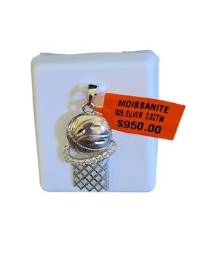 Sterling Silver Moissanite Basketball Hoop Pendant - Silver